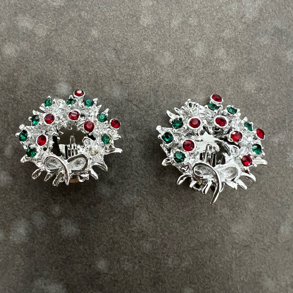 Vintage Silver, Green, Red Christmas Wreath Earrings